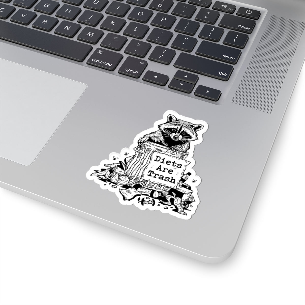 Whimsical Raccoon Sticker – 'Diets Are Trash' | Fun & Playful Vinyl Decal for Laptops & Water Bottles